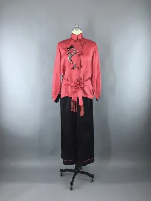Vintage 1930s Silk Pajamas Set / Rose Red & Black Asian /  Fits L to XXL