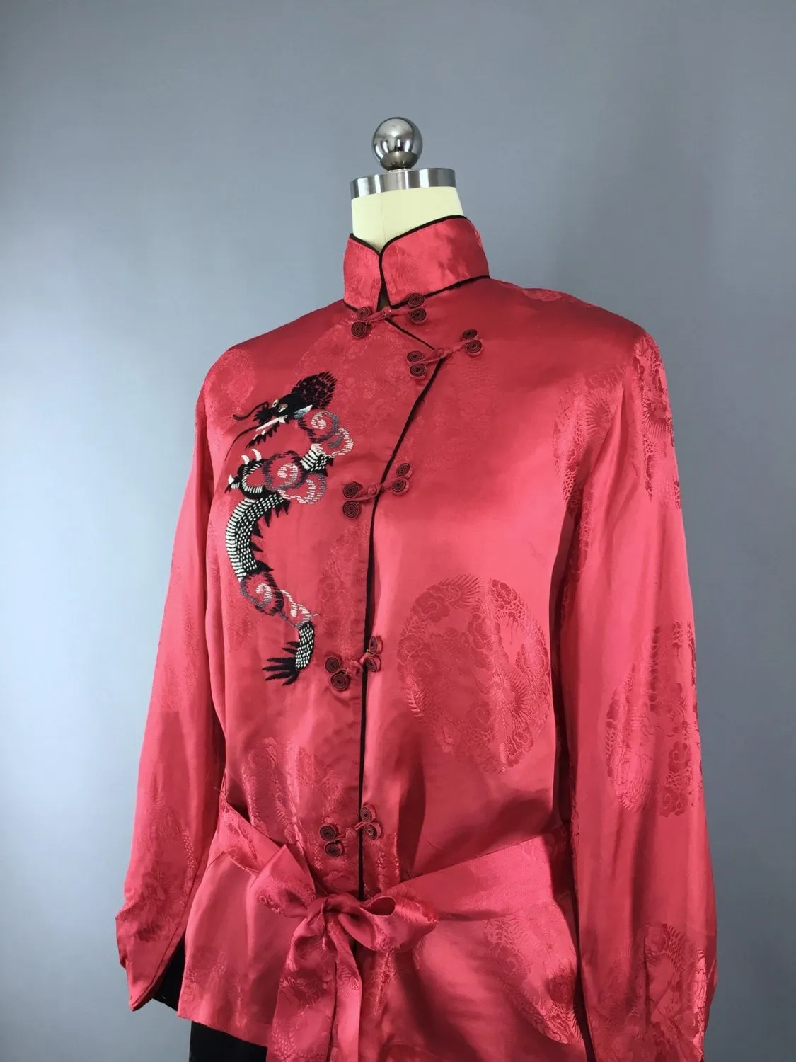 Vintage 1930s Silk Pajamas Set / Rose Red & Black Asian /  Fits L to XXL