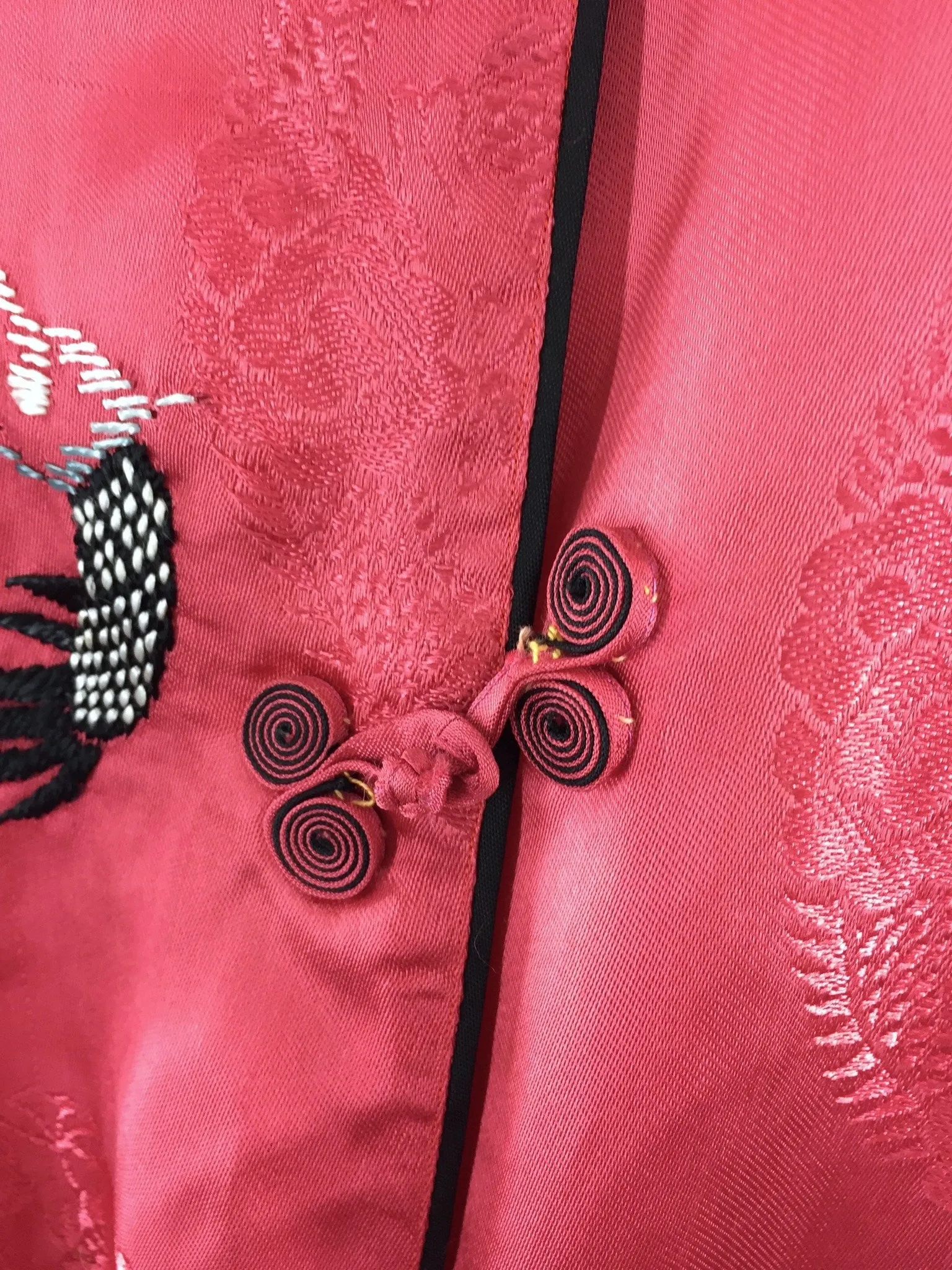 Vintage 1930s Silk Pajamas Set / Rose Red & Black Asian /  Fits L to XXL