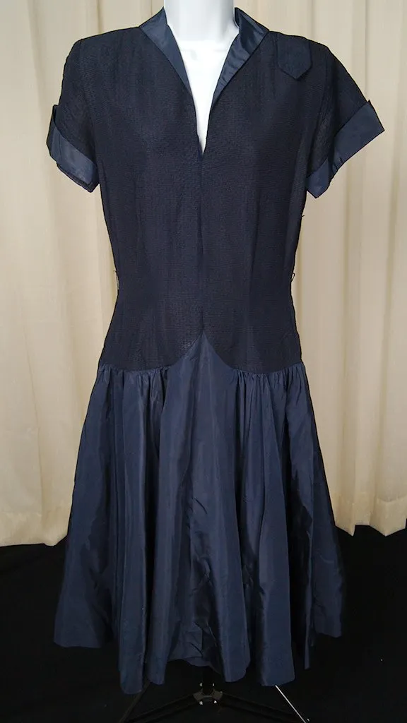 Vintage 1950s Navy Blue Drop Waist Dress