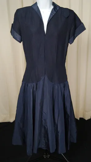 Vintage 1950s Navy Blue Drop Waist Dress