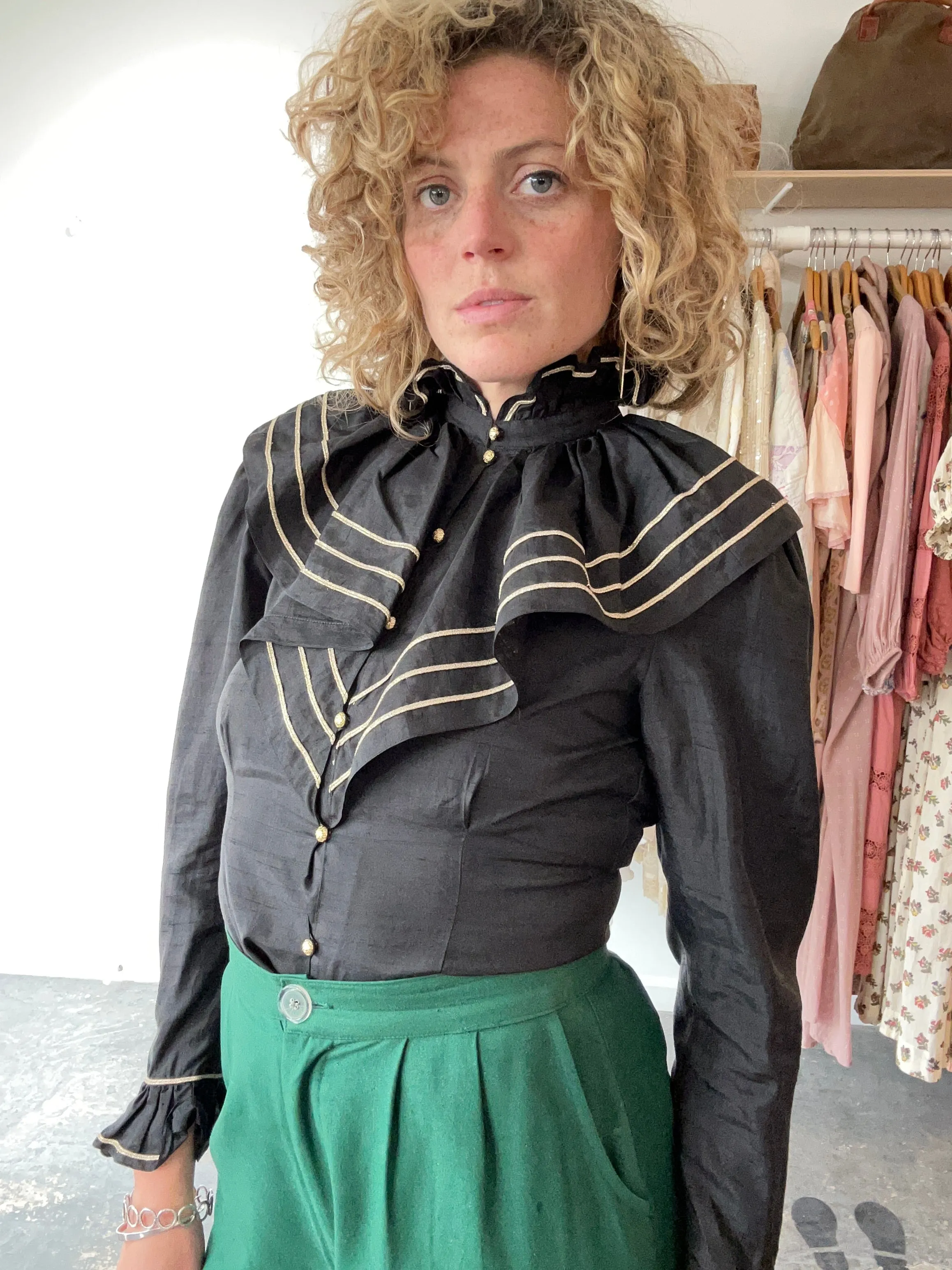 Vintage Genet Amant Black Ruffle Silk Blouse with Gold Piping