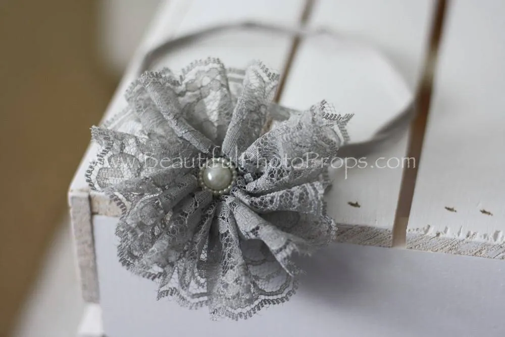 Vintage Lace Flower Headband Gray
