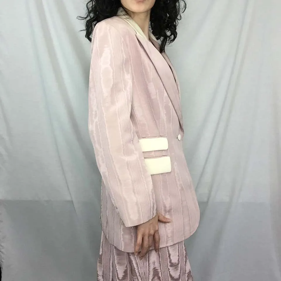 Vintage Nina Ricci Pink Moire Taffeta Lace Up 2 Piece Suit Dress Set | Size L