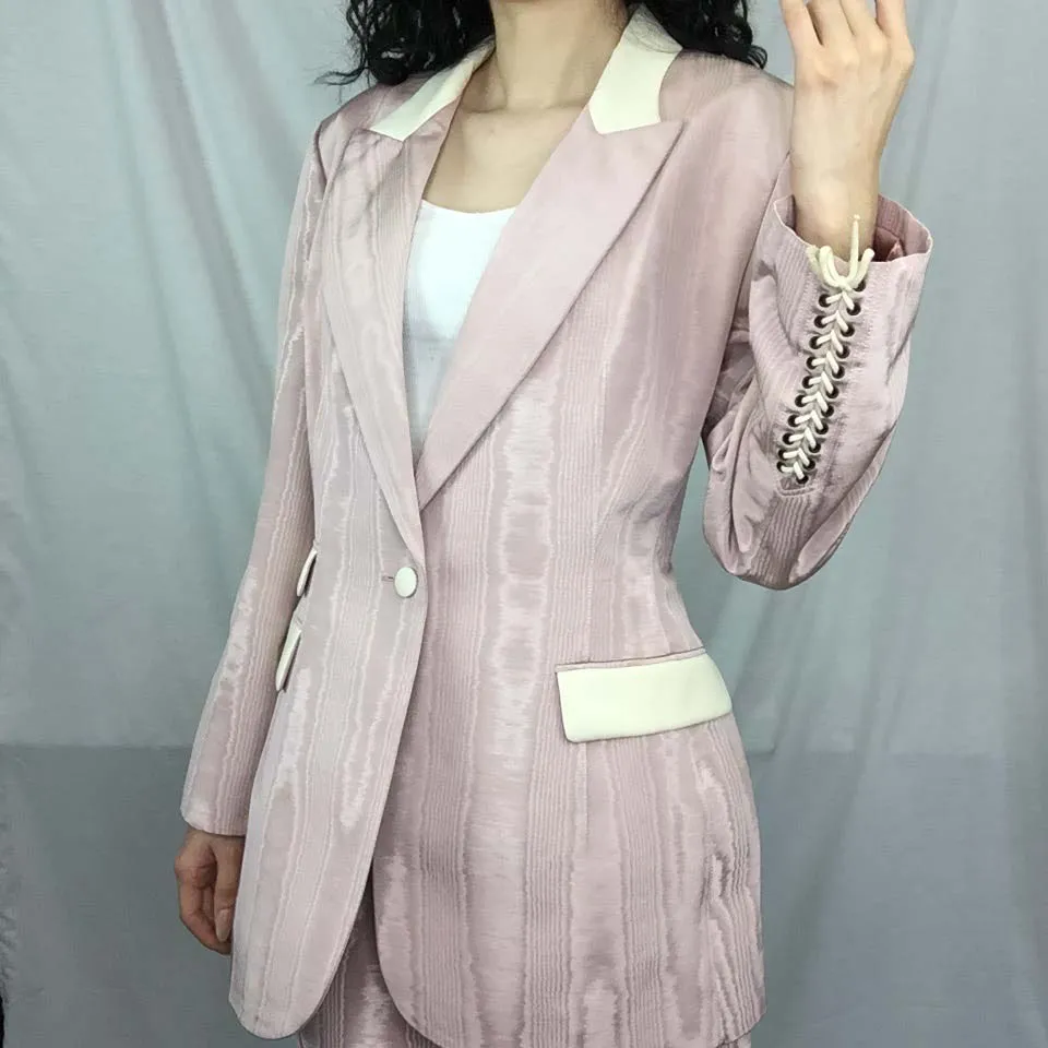 Vintage Nina Ricci Pink Moire Taffeta Lace Up 2 Piece Suit Dress Set | Size L