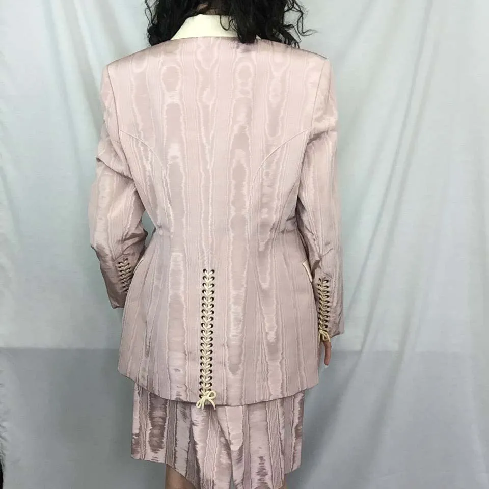 Vintage Nina Ricci Pink Moire Taffeta Lace Up 2 Piece Suit Dress Set | Size L