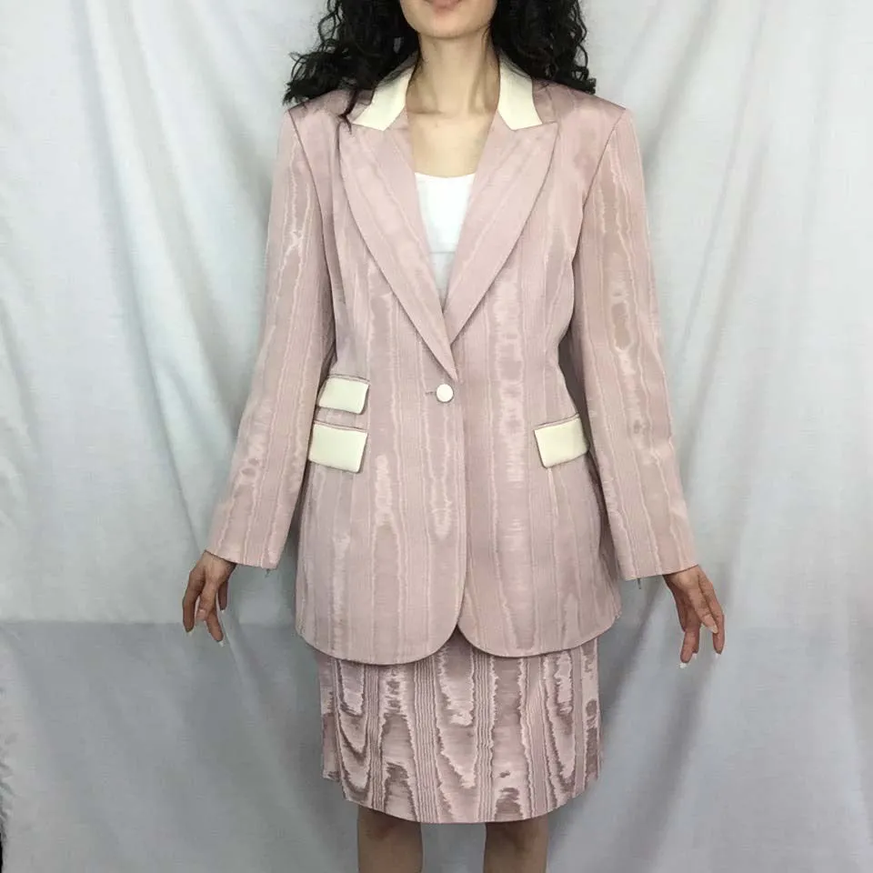 Vintage Nina Ricci Pink Moire Taffeta Lace Up 2 Piece Suit Dress Set | Size L