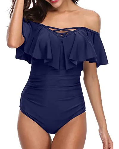 Vintage Off Shoulder One Piece Swimsuits Tummy Control Bathing Suits Ruffle Swimwear-Navy Blue