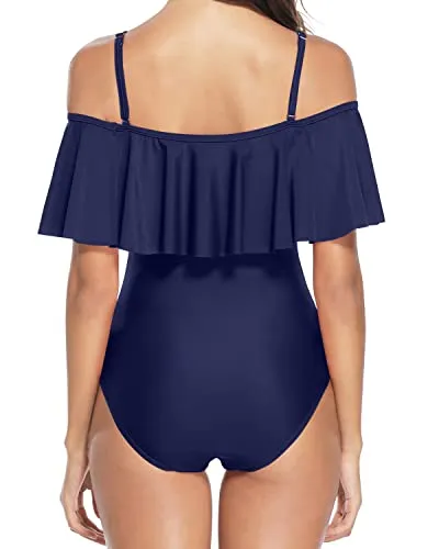 Vintage Off Shoulder One Piece Swimsuits Tummy Control Bathing Suits Ruffle Swimwear-Navy Blue