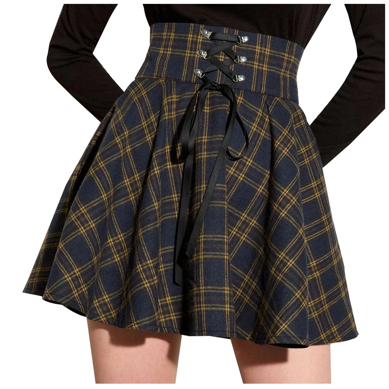 Vintage Pleated Skirt Mini Skirts Retro Grunge Ladies Plaid Lace Up Skirt E Girl Punk Skater