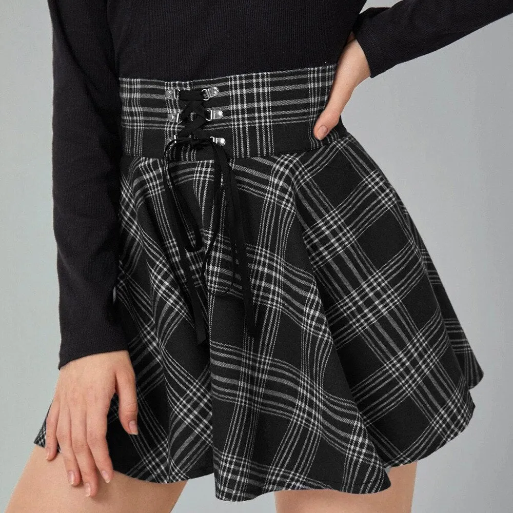 Vintage Pleated Skirt Mini Skirts Retro Grunge Ladies Plaid Lace Up Skirt E Girl Punk Skater