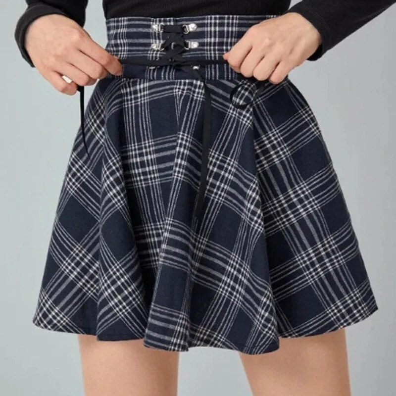 Vintage Pleated Skirt Mini Skirts Retro Grunge Ladies Plaid Lace Up Skirt E Girl Punk Skater