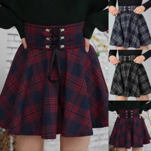 Vintage Pleated Skirt Mini Skirts Retro Grunge Ladies Plaid Lace Up Skirt E Girl Punk Skater