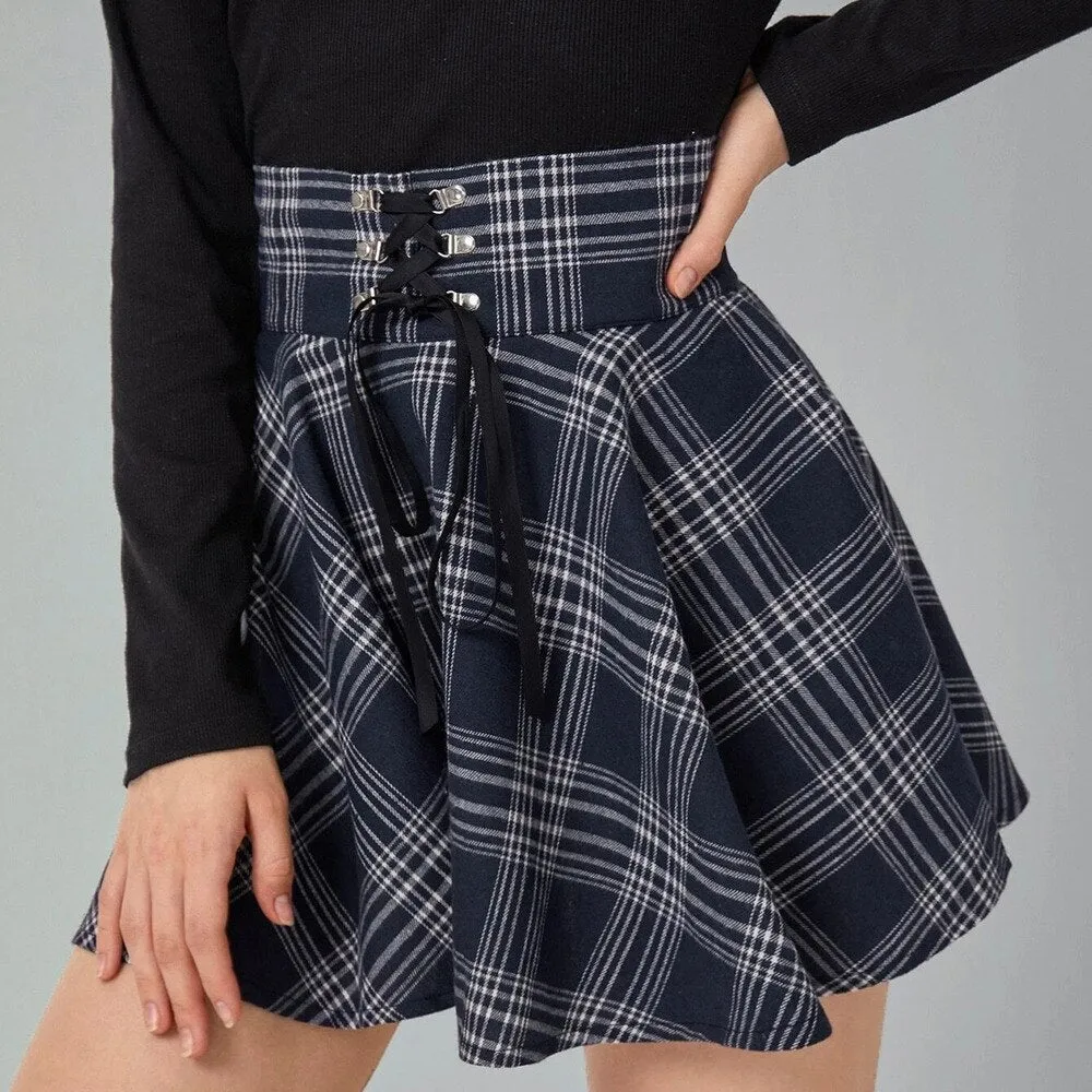Vintage Pleated Skirt Mini Skirts Retro Grunge Ladies Plaid Lace Up Skirt E Girl Punk Skater