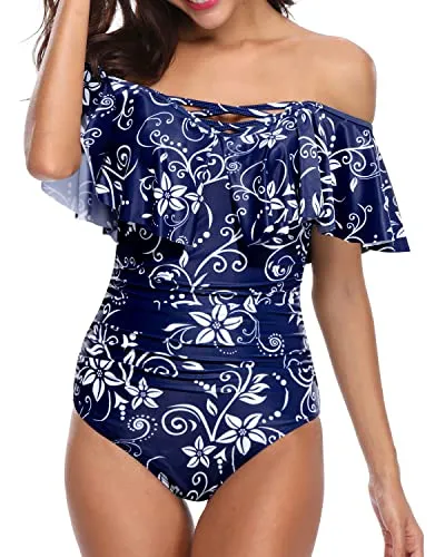 Vintage Ruffle One Piece Swimsuits for Women Off Shoulder Swimwear
