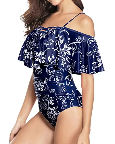 Vintage Ruffle One Piece Swimsuits for Women Off Shoulder Swimwear