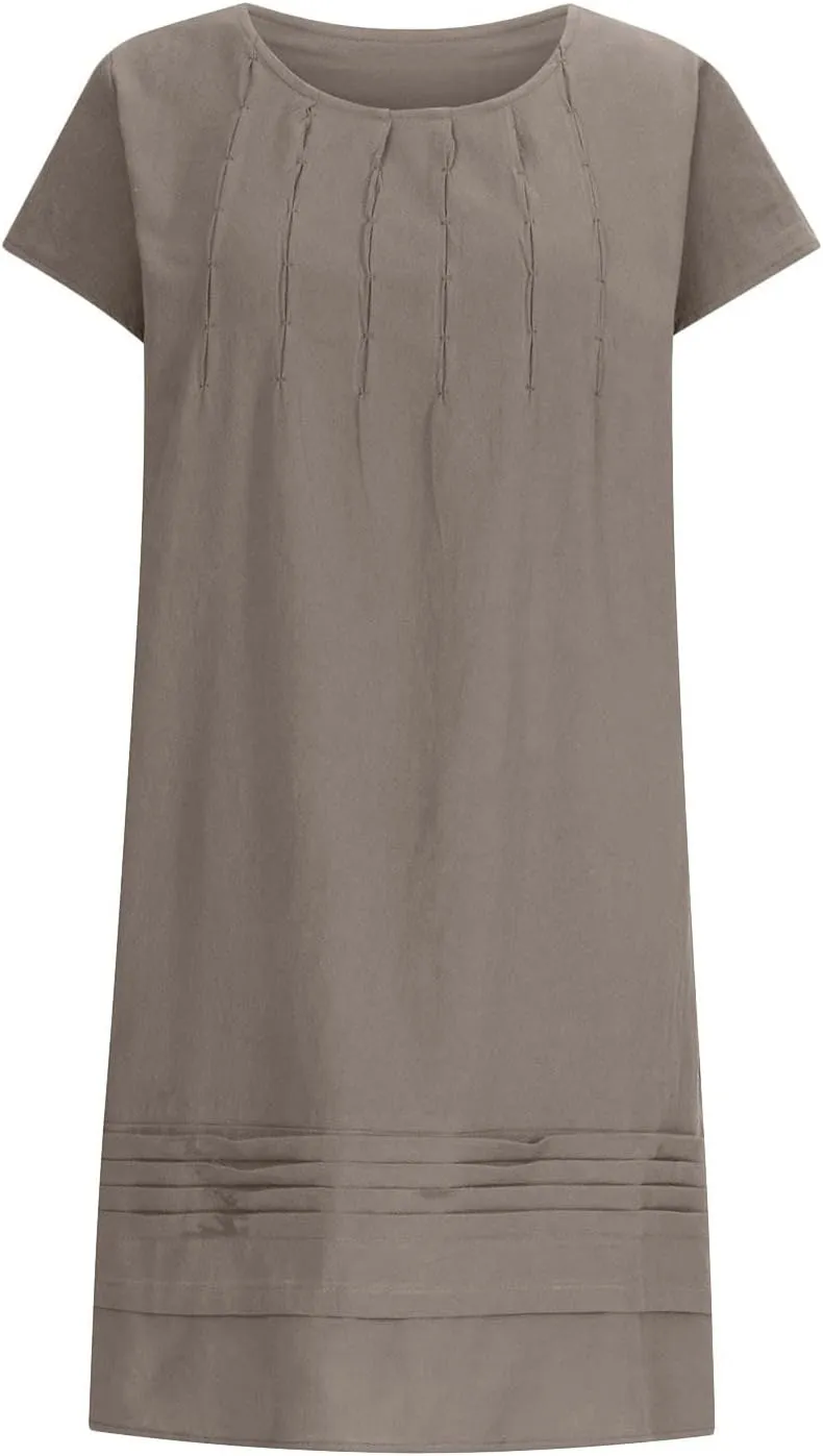 Vintage Summer Cotton Linen Dress for Womens Casual Short Sleeve Ruched T Shirts Dress Loose Fit A-Line Beach Sundress