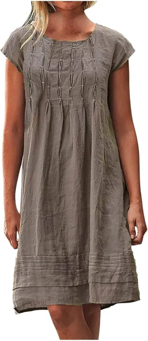 Vintage Summer Cotton Linen Dress for Womens Casual Short Sleeve Ruched T Shirts Dress Loose Fit A-Line Beach Sundress