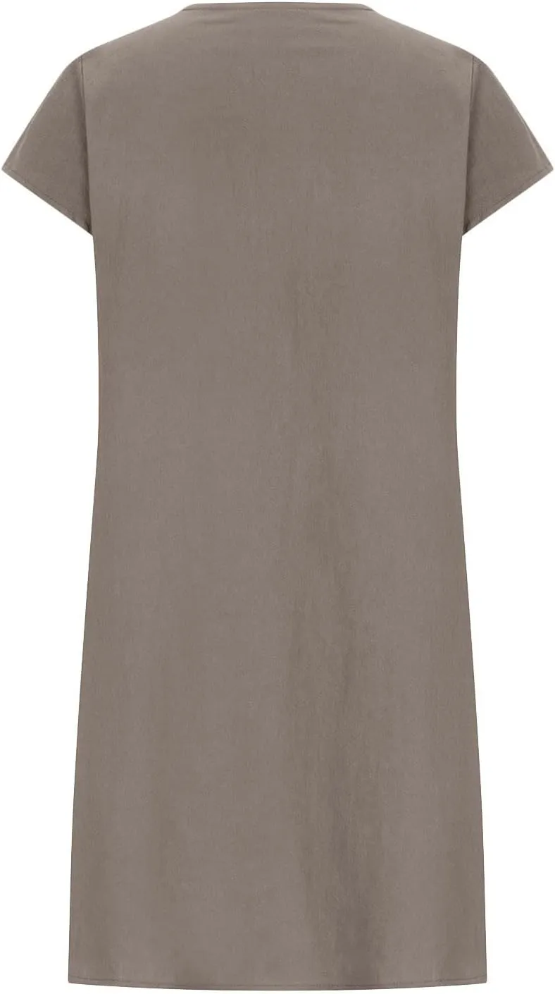 Vintage Summer Cotton Linen Dress for Womens Casual Short Sleeve Ruched T Shirts Dress Loose Fit A-Line Beach Sundress