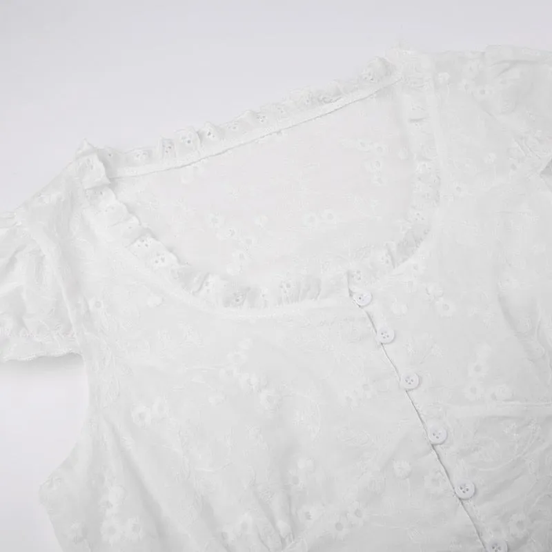 Vintage White Buttons Frills Cropped Top