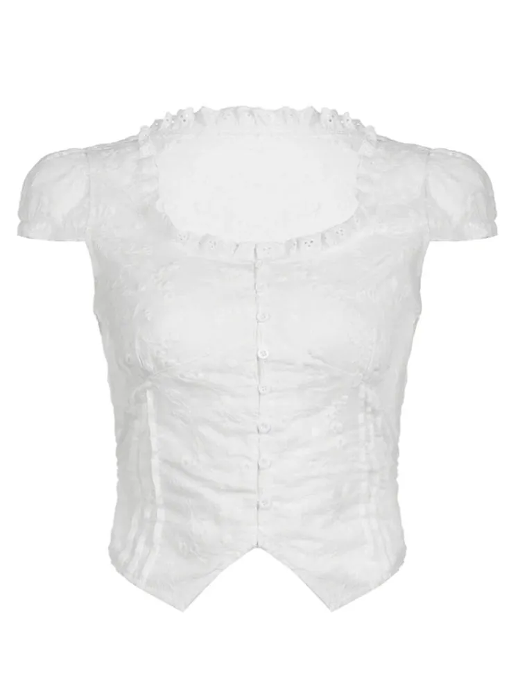Vintage White Buttons Frills Cropped Top
