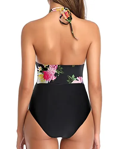 Vintage Women One Piece Swimsuit Tummy Control Plunge V Neck Swimwear-Black Floral