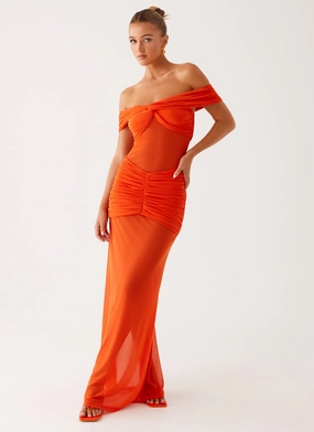 Vintage Look Charming Off Shoulder Maxi Dress - Orange Gloss Finish Charming Off Shoulder Maxi Dress - Orange