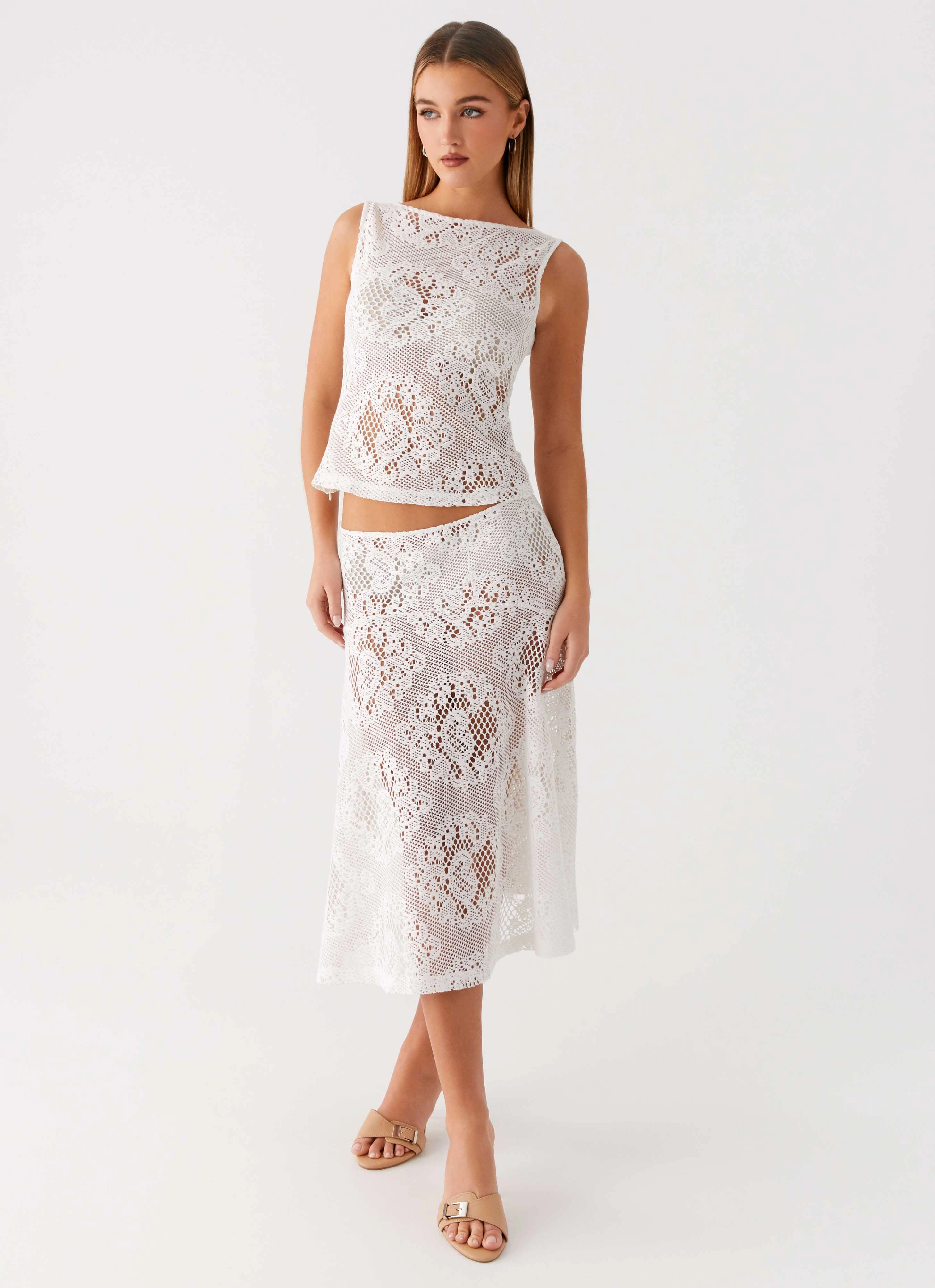 Virelle Lace Midi Skirt - Ivory Lightweight Weave