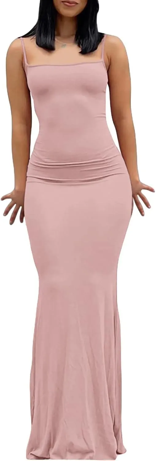 VIUTIL Women's Maxi Bodycon Dress Sexy Spaghetti Strap Sleeveless Tight Slip Long Dresses 2023