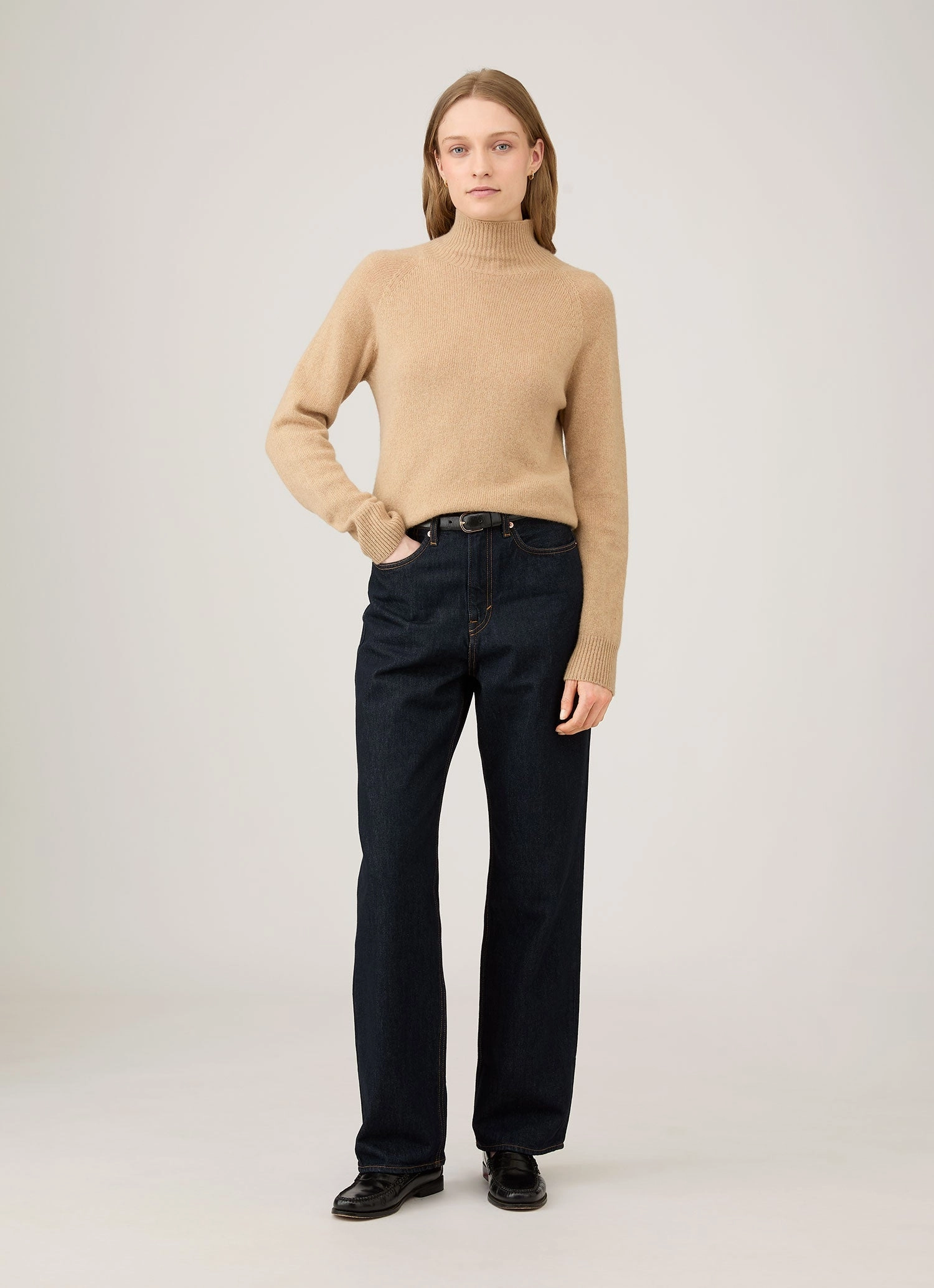 Women's Lambswool Funnel Neck Jumper in Light Camel Flexible Edging Natural Feel