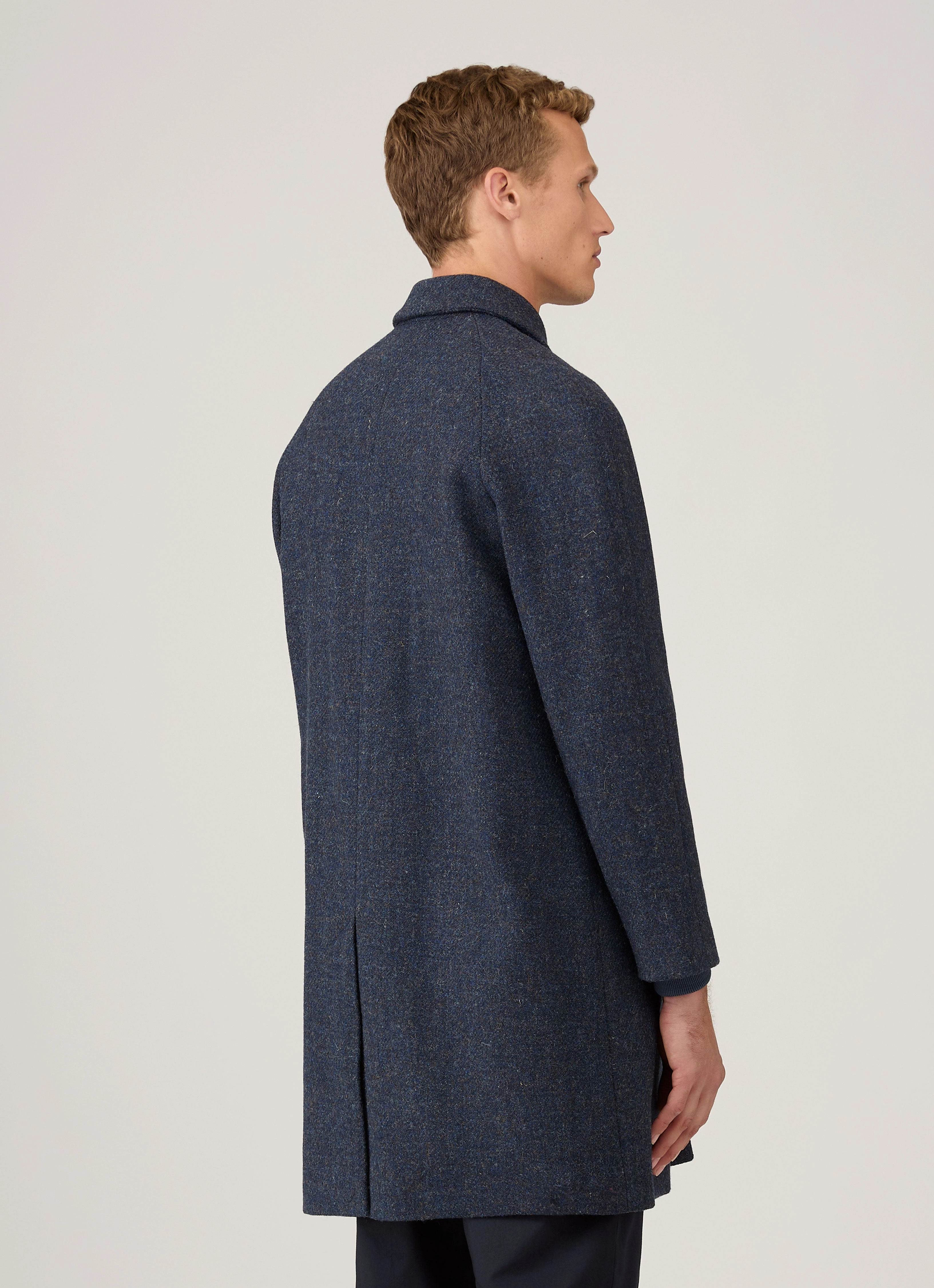 Men's Harris Tweed Car Coat in Selvedge Blue suitable for gift giving Taped Neckline Seams