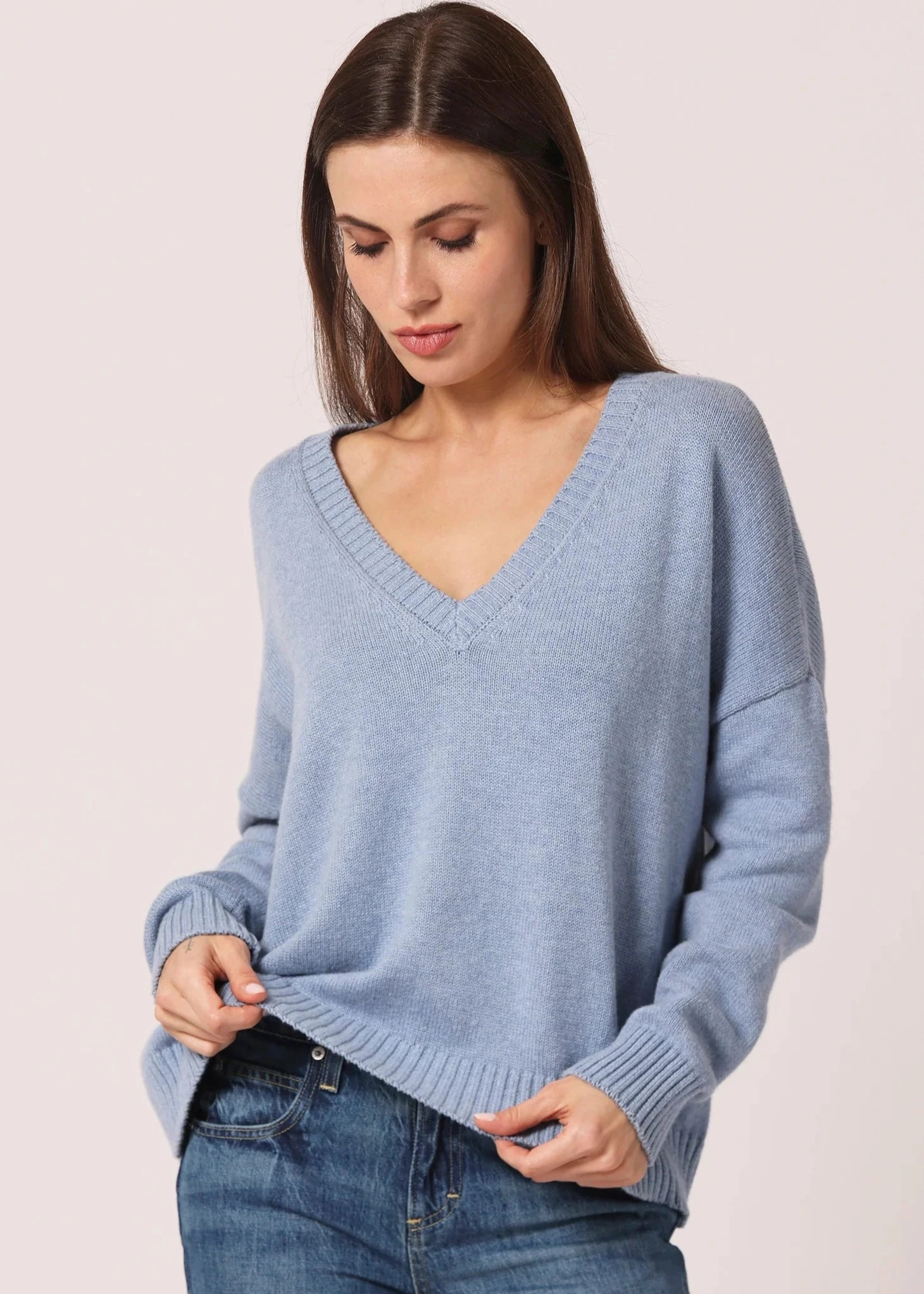 Minnie Rose Cotton Cashmere Boxy V Neck Cozy Everyday