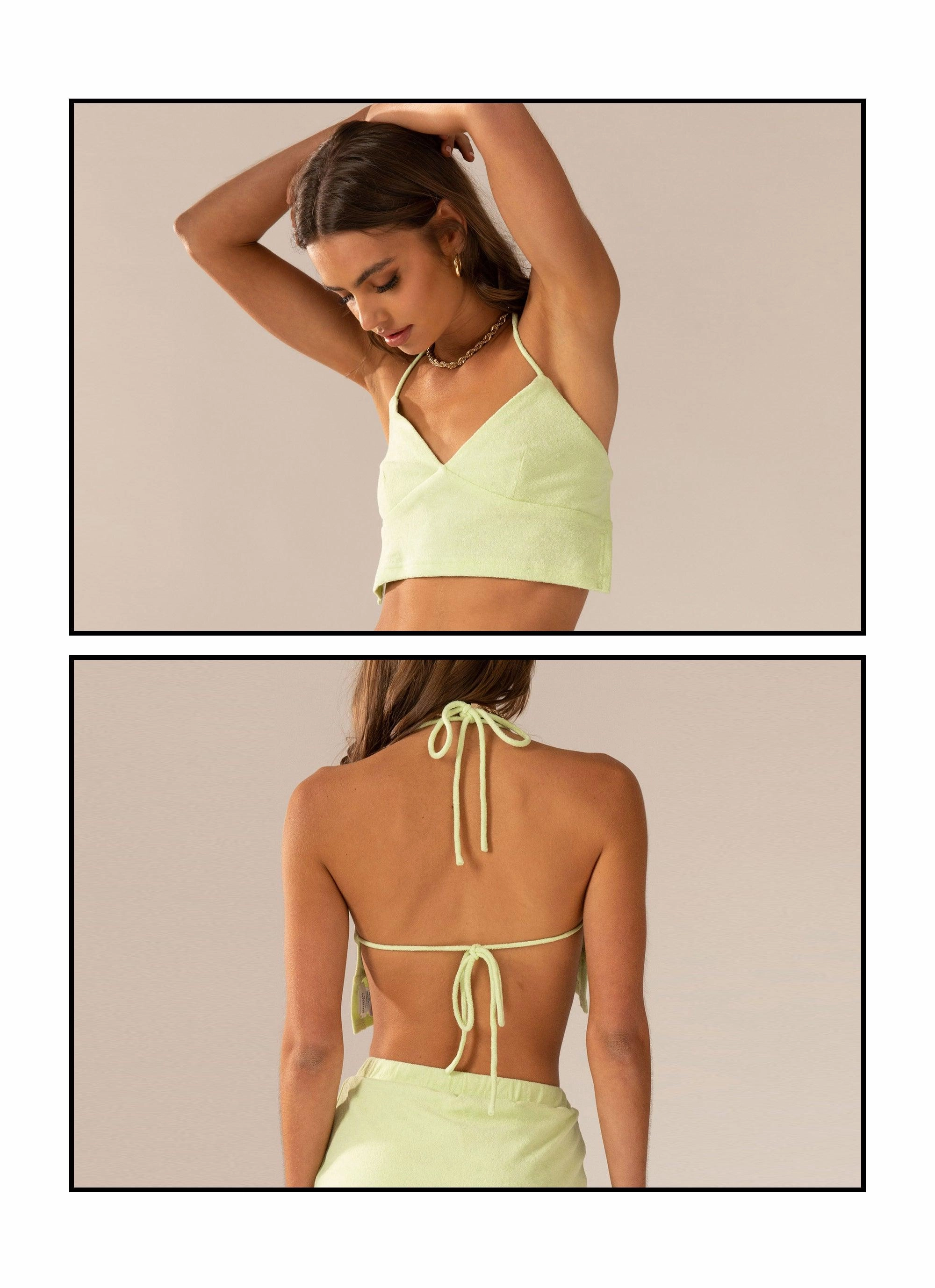 QuickDryConstruction Warmer Water Terry Halter Crop - Lime Green