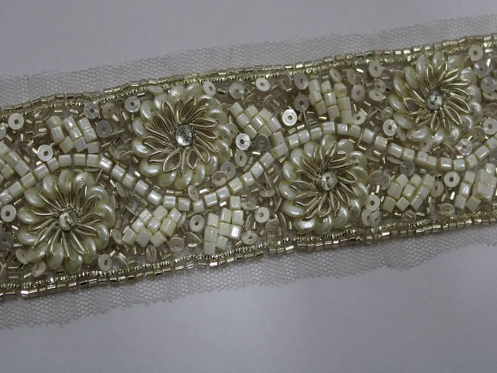 Water Golden & White Beads and Pearl Work Embroidered Border