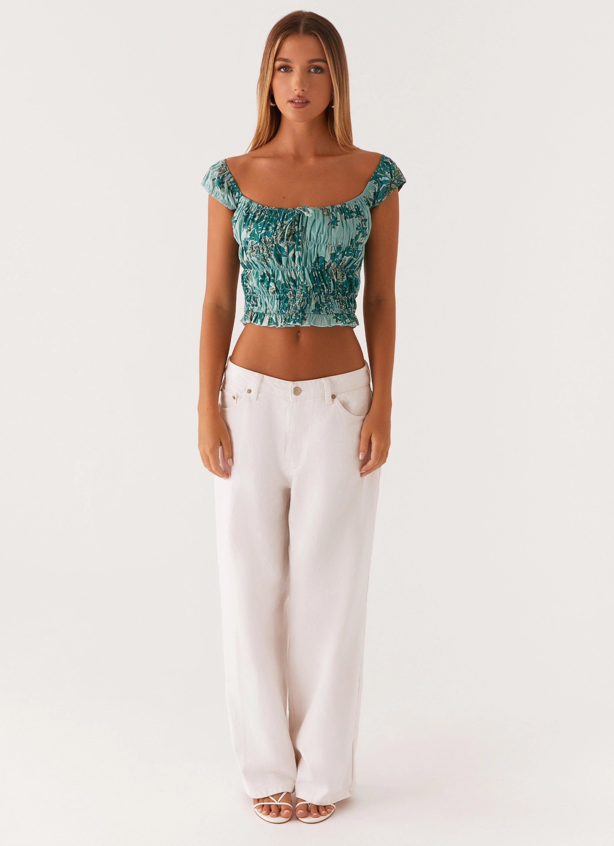 Biodegradable Fiber Composition SelfFabric Binding Rumors Off Shoulder Top - Cloud Nine Floral