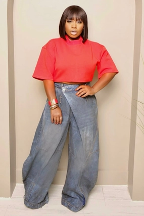 WaterResistant Coating Lowanda Oversized Flap Over Statement Wide-Leg Denim Pants Rubberized Hem Versatile Fashion Lowanda Oversized Flap Over Statement Wide-Leg Denim Pants