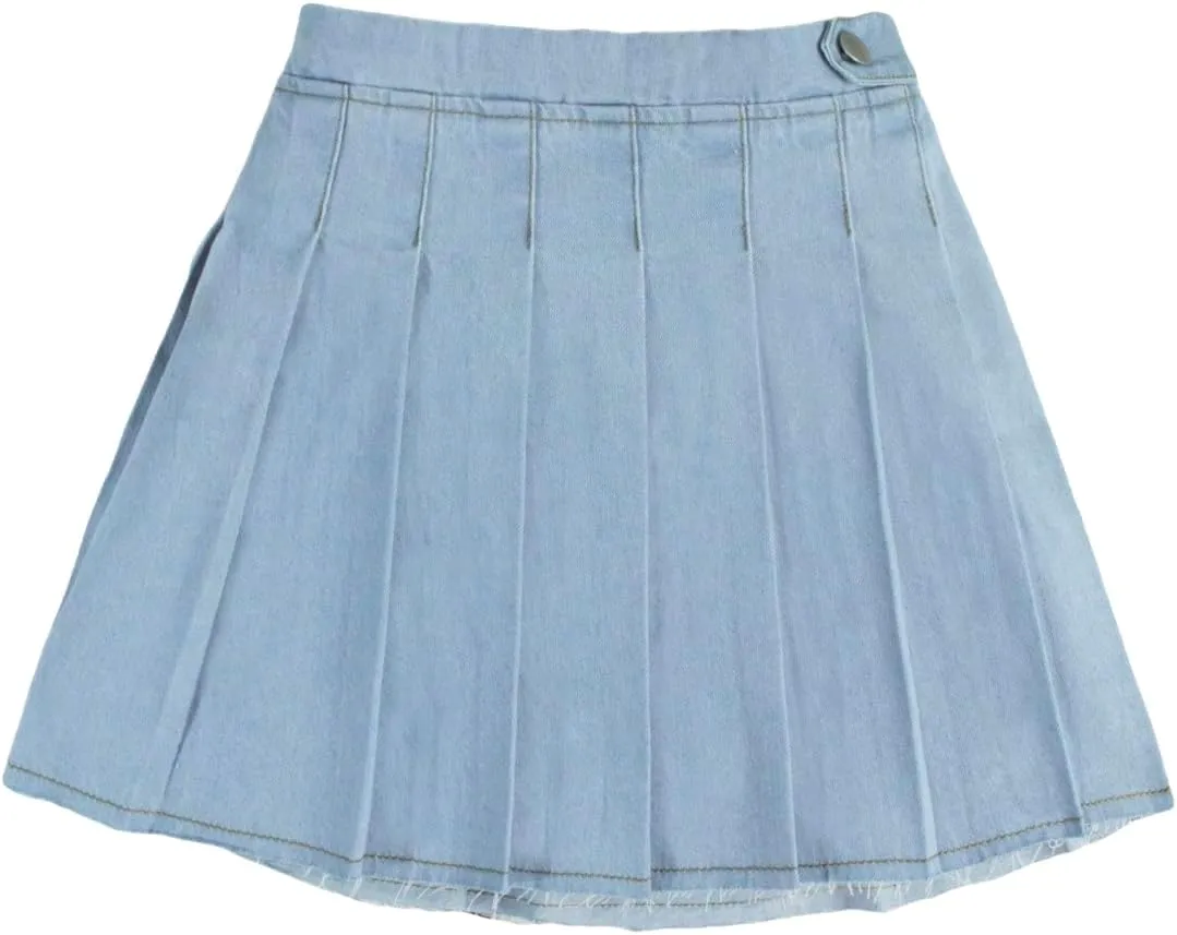 WDIRARA Girl's Pleated Raw Hem High Waist Button Front Summer Casual Denim Short Skirts