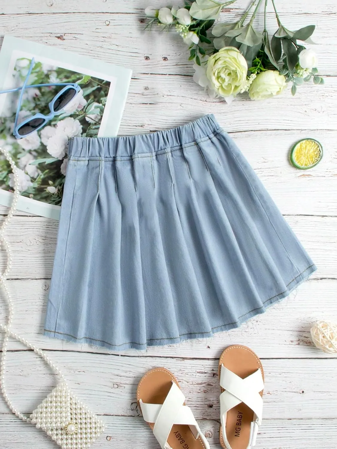 WDIRARA Girl's Pleated Raw Hem High Waist Button Front Summer Casual Denim Short Skirts