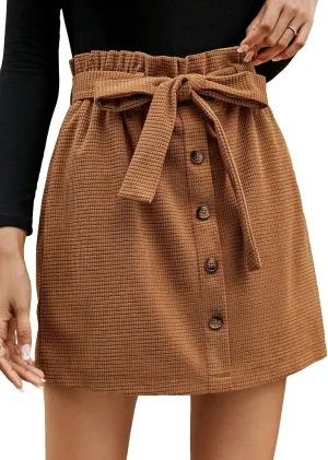 WDIRARA Women's Bow Front Belted Button Front High Waisted Slim Fitted Casual Mini Skirts