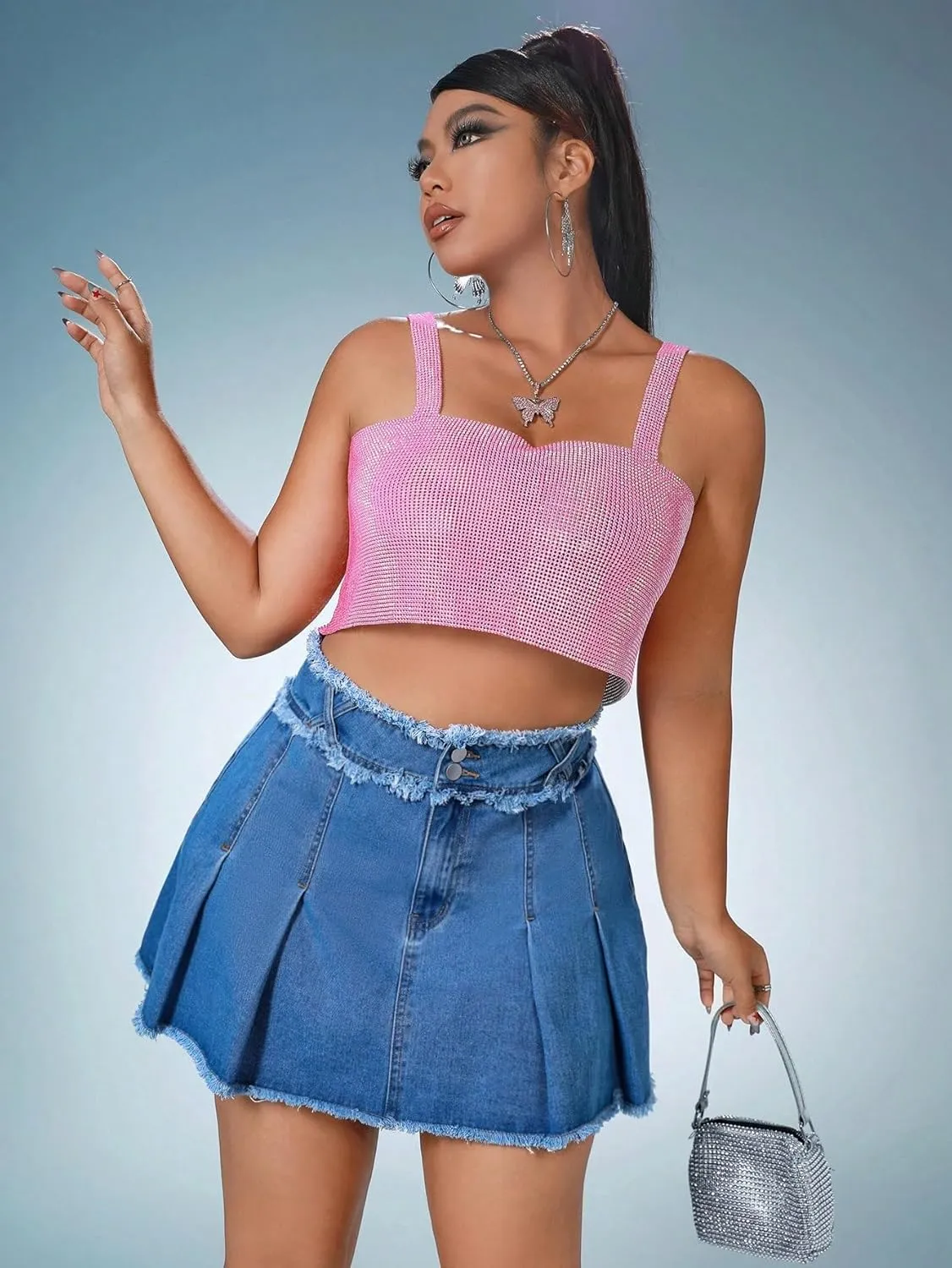 WDIRARA Women's Raw Trim Pleated Plus Size High Waisted Button Front Casual Mini Denim Skirts