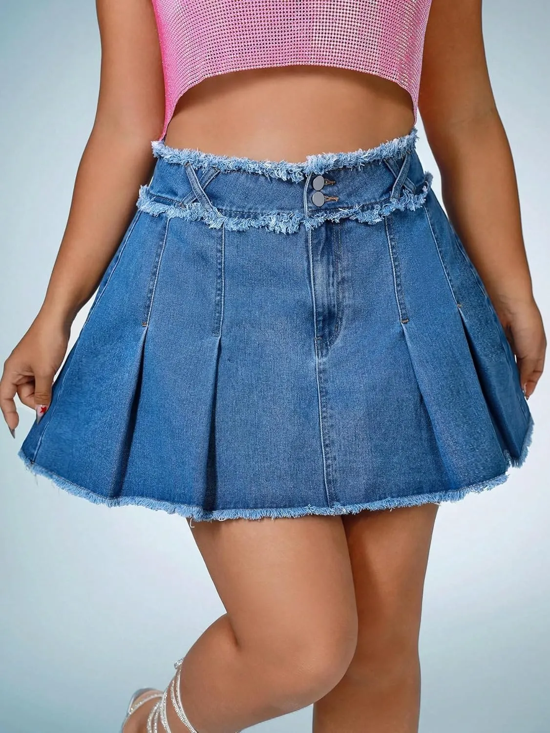 WDIRARA Women's Raw Trim Pleated Plus Size High Waisted Button Front Casual Mini Denim Skirts