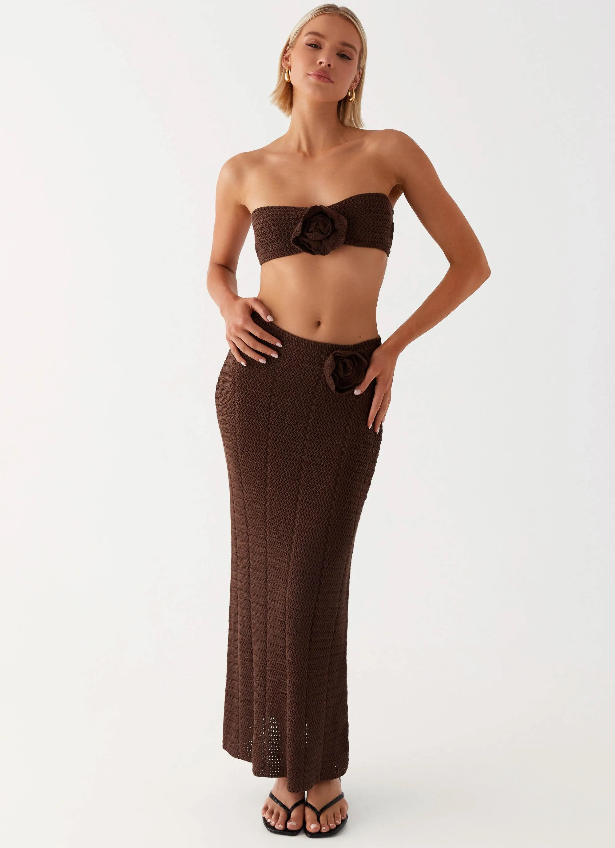Relaxed Waist Kelcie Rose Crochet Maxi Skirt - Chocolate