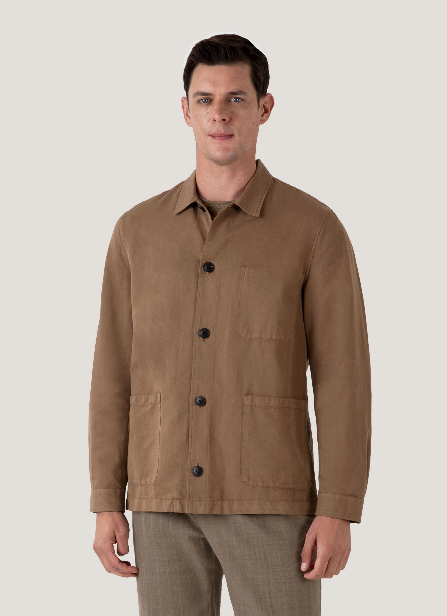 Men's Cotton Linen Twin Pocket Jacket in Dark Tan Project DualZipper