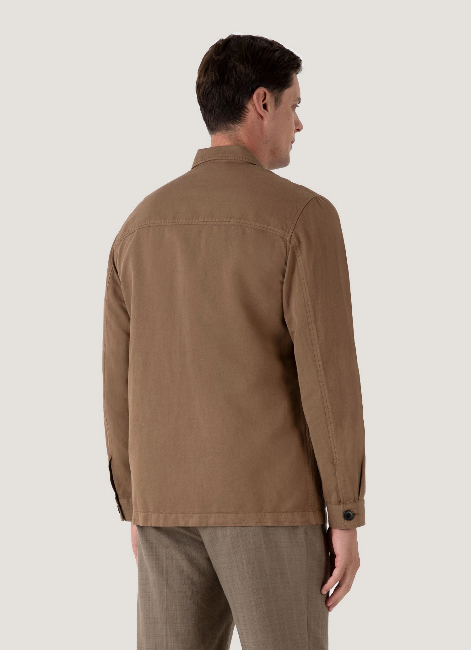 Men's Cotton Linen Twin Pocket Jacket in Dark Tan Structured Warmth Score