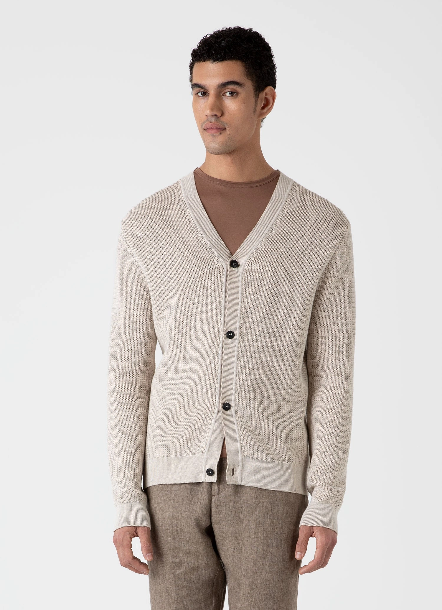 ribbed texture Men's Textured Knit Cardigan in Ecru