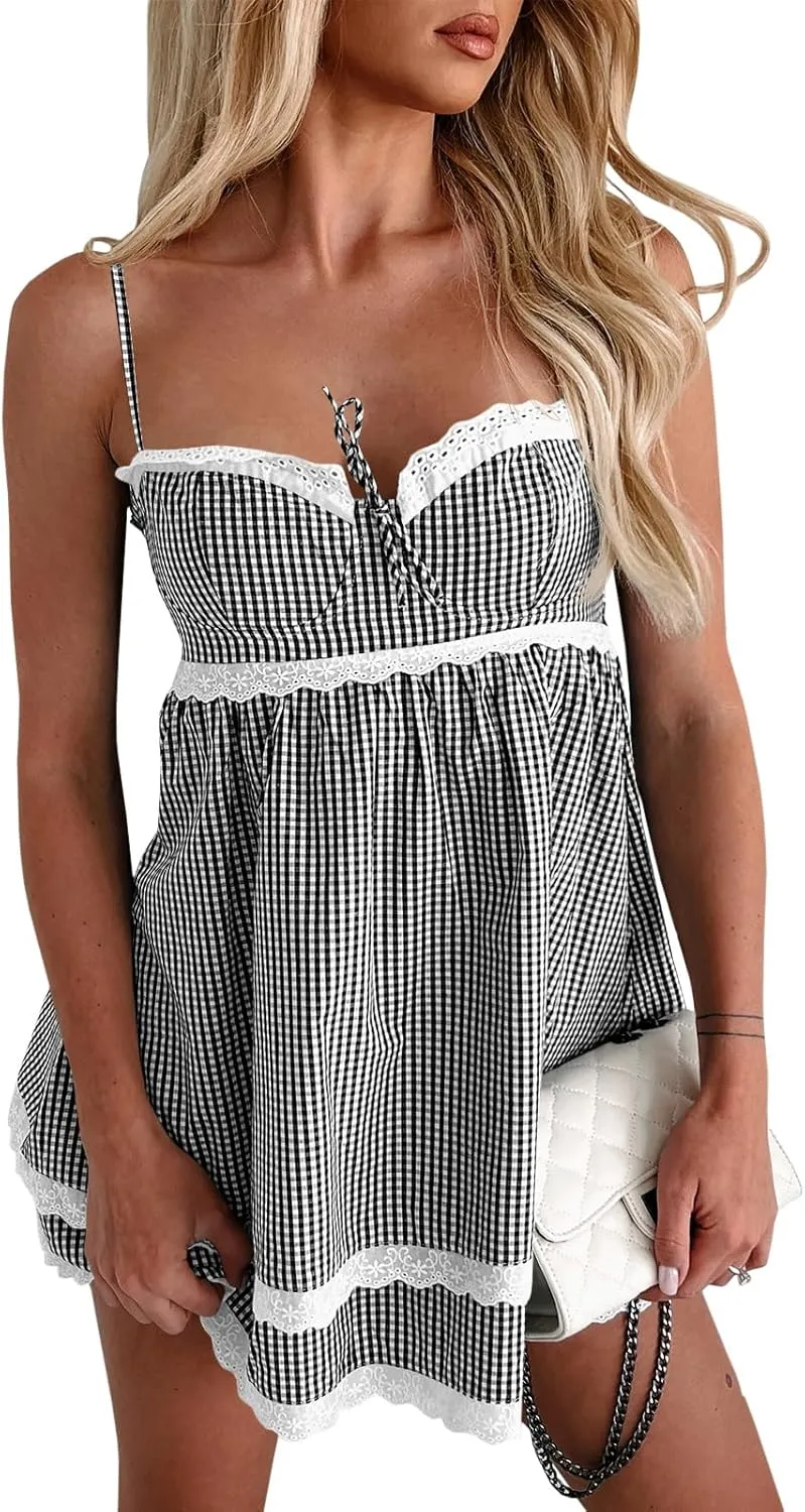 Wenrine Womens Summer Mini Dress Spaghetti Strap Sweetheart Y2K Plaid Lace Trim Tiered Beach Sundress Dresses