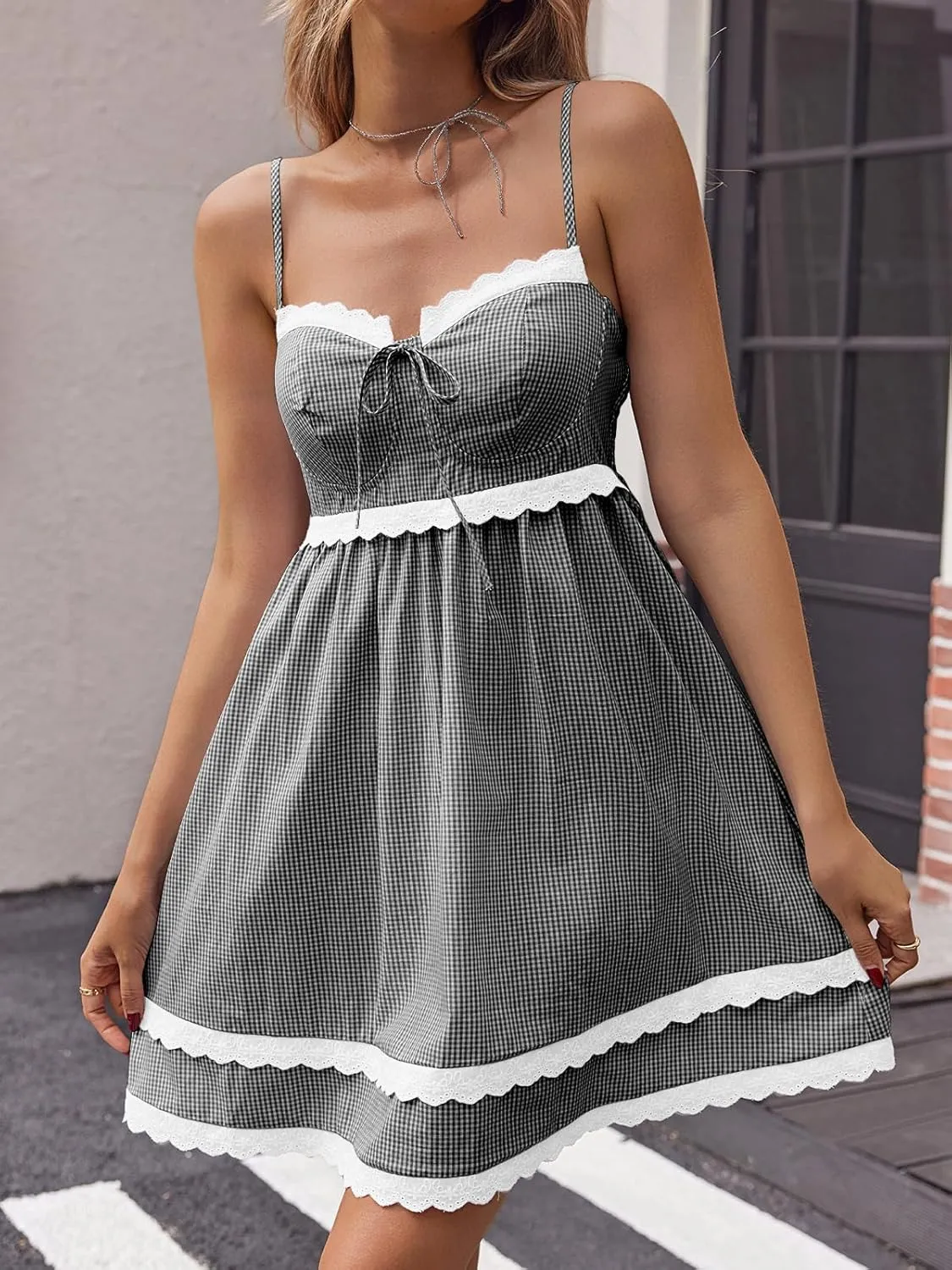 Wenrine Womens Summer Mini Dress Spaghetti Strap Sweetheart Y2K Plaid Lace Trim Tiered Beach Sundress Dresses