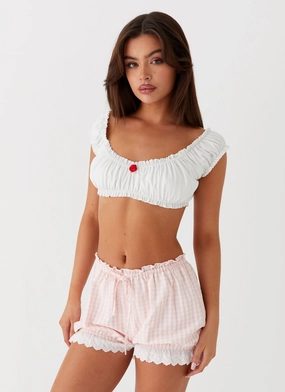 Weston Lace Trim Shorts - Pink Gingham AntiSlip Grip Weston Lace Trim Shorts - Pink Gingham Modern Waist Comfy Active