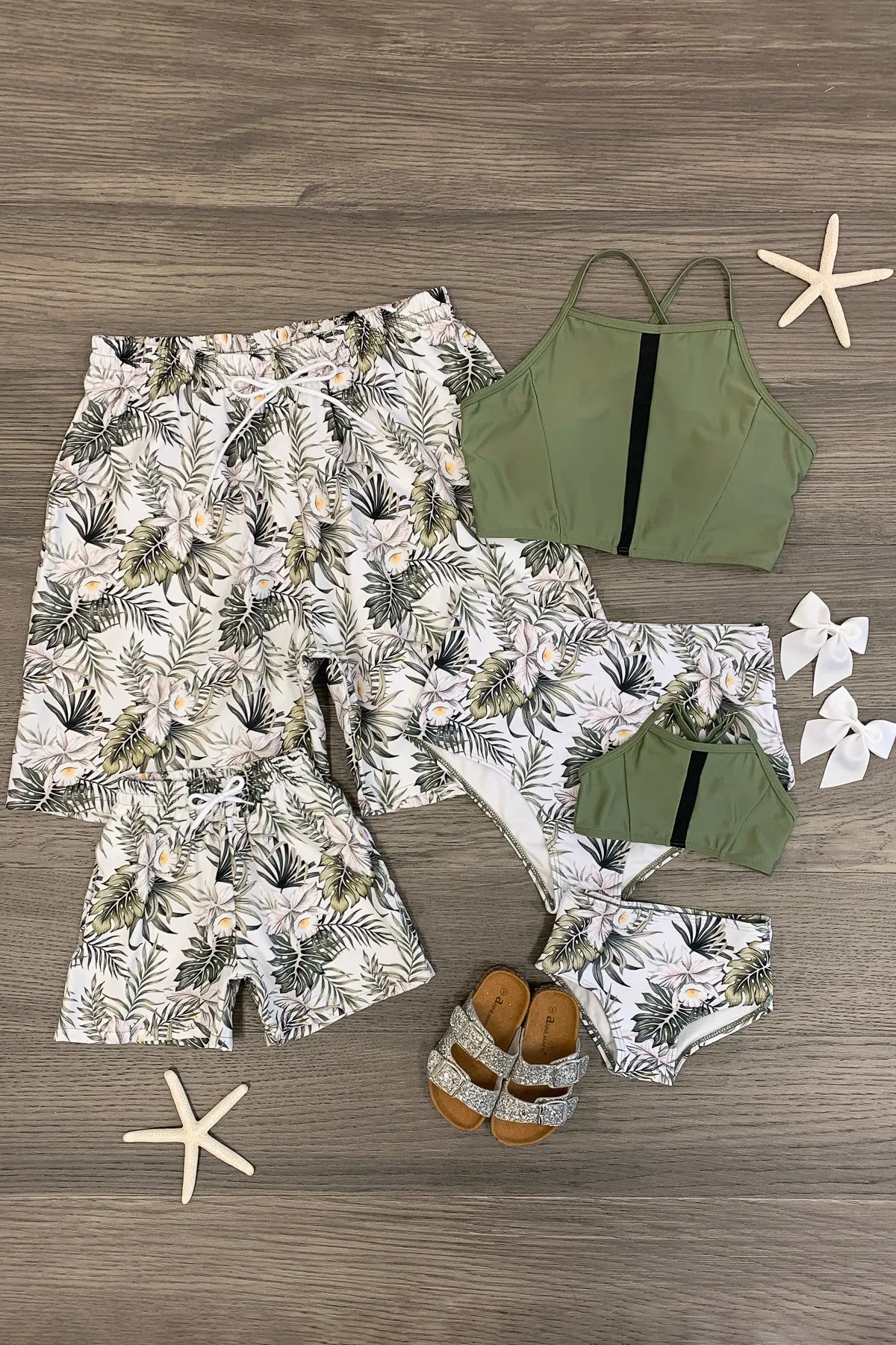 White & Olive Tropical Family Swimsuits