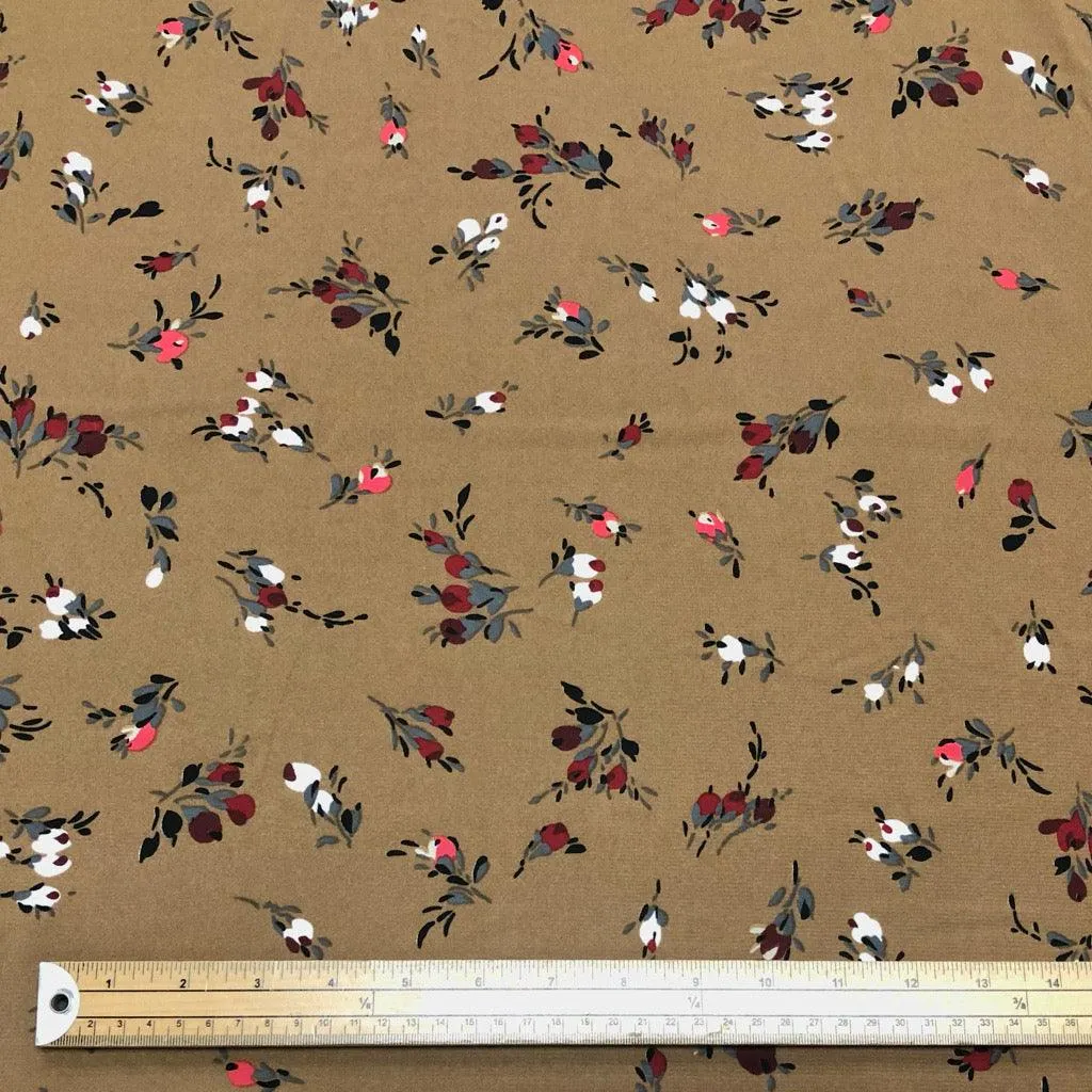 White and Red Floral on Brown Polyester Fabric